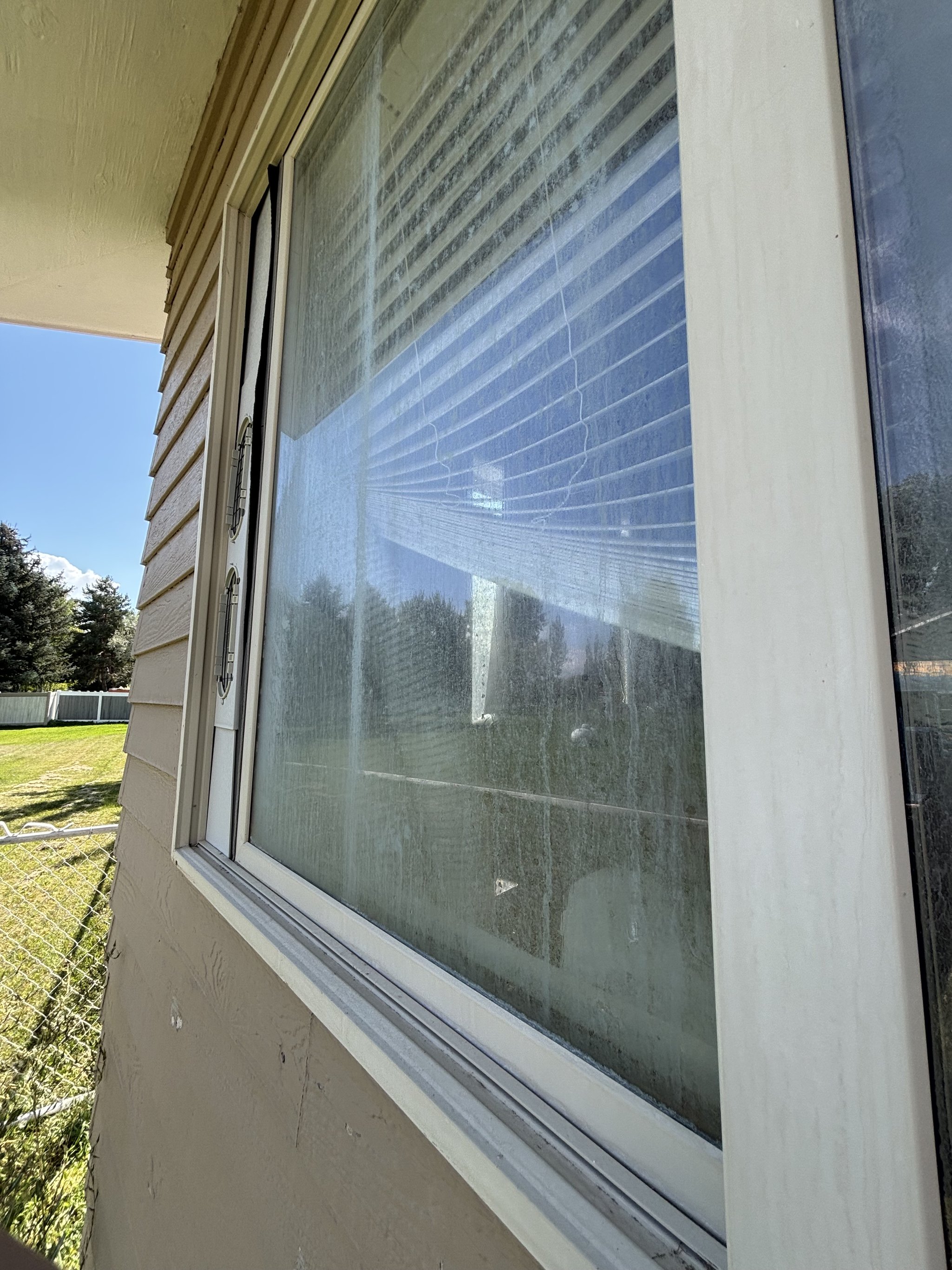 Ladder and squeegee set up at an exterior window